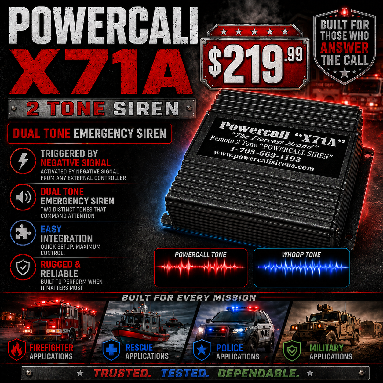 Powercall X71A Version 2.5 Remote 2 Tone 100 Watt Emergency Siren NEGATIVE TRIGGER