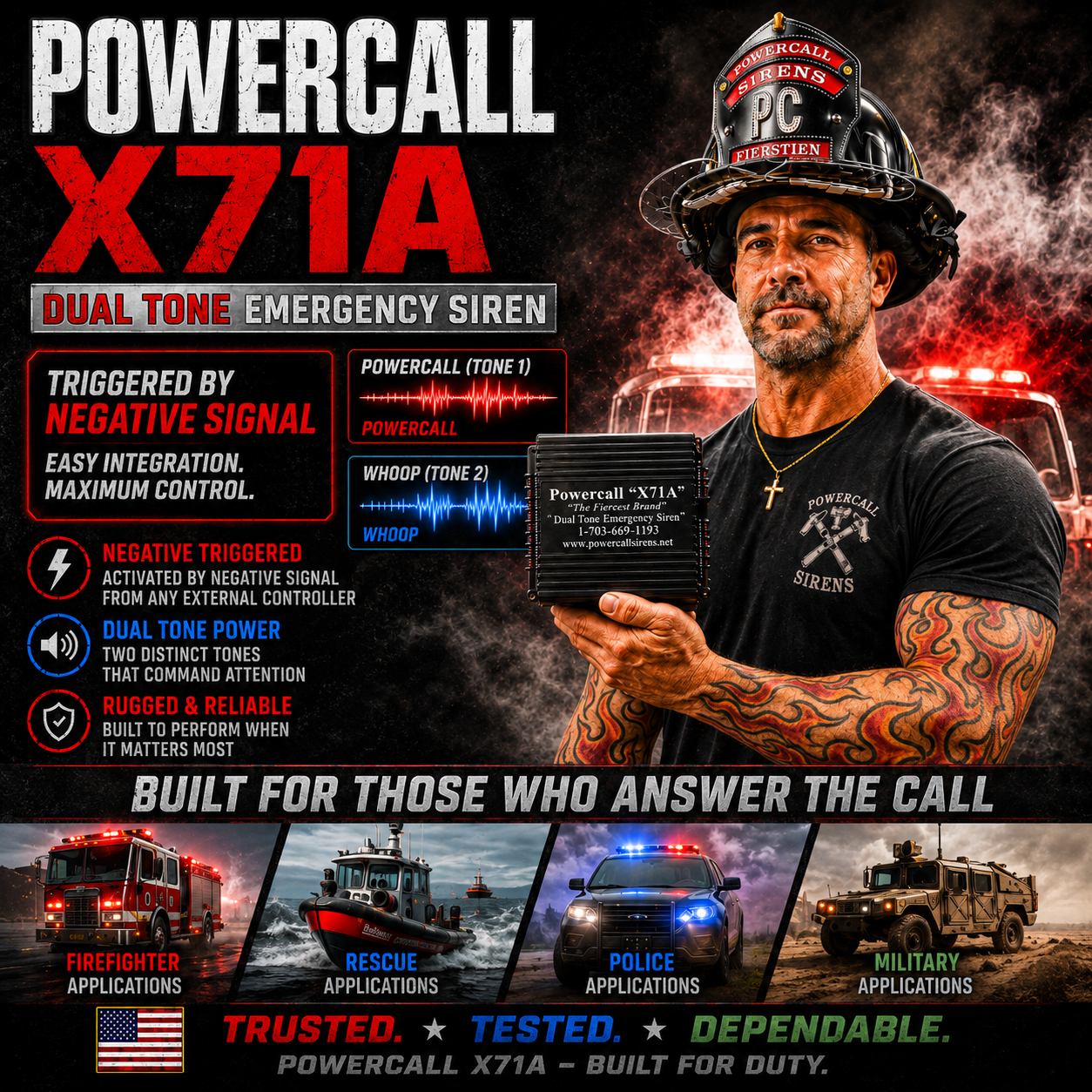 Powercall X71A Version 2.5 Remote 2 Tone 100 Watt Emergency Siren NEGATIVE TRIGGER