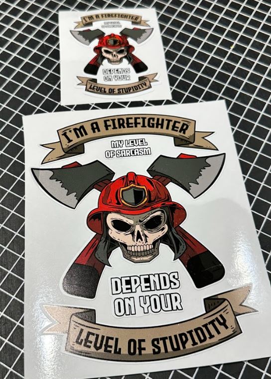 Window Sticker & Hard Hat Sticker -Level of Sarcasm Firefighter Pair of Decals
